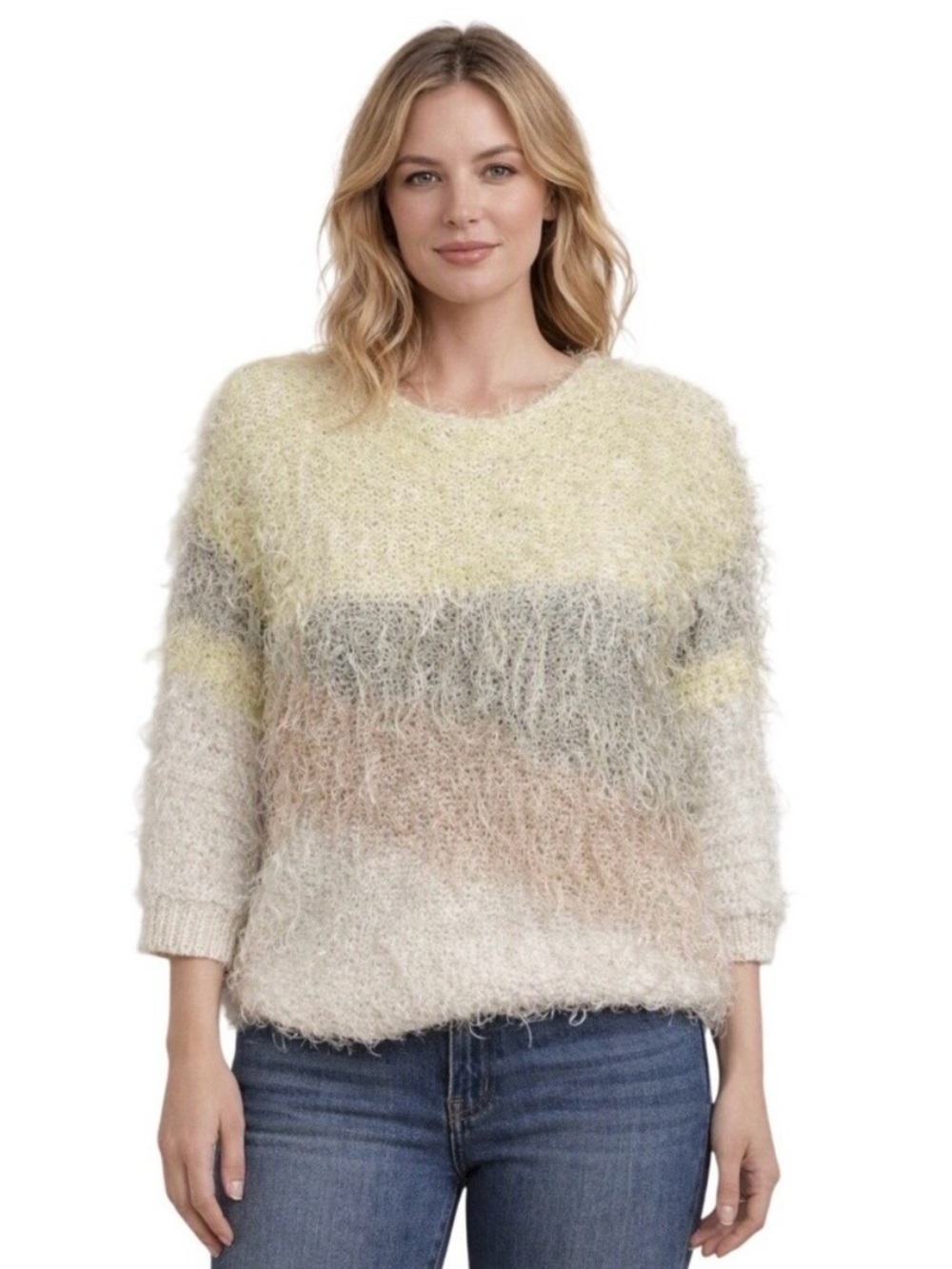 Madeleine Fuzzy Eyelash Knit Sweater Yellow Peach Gradient Brooch‎ 80s Vintage